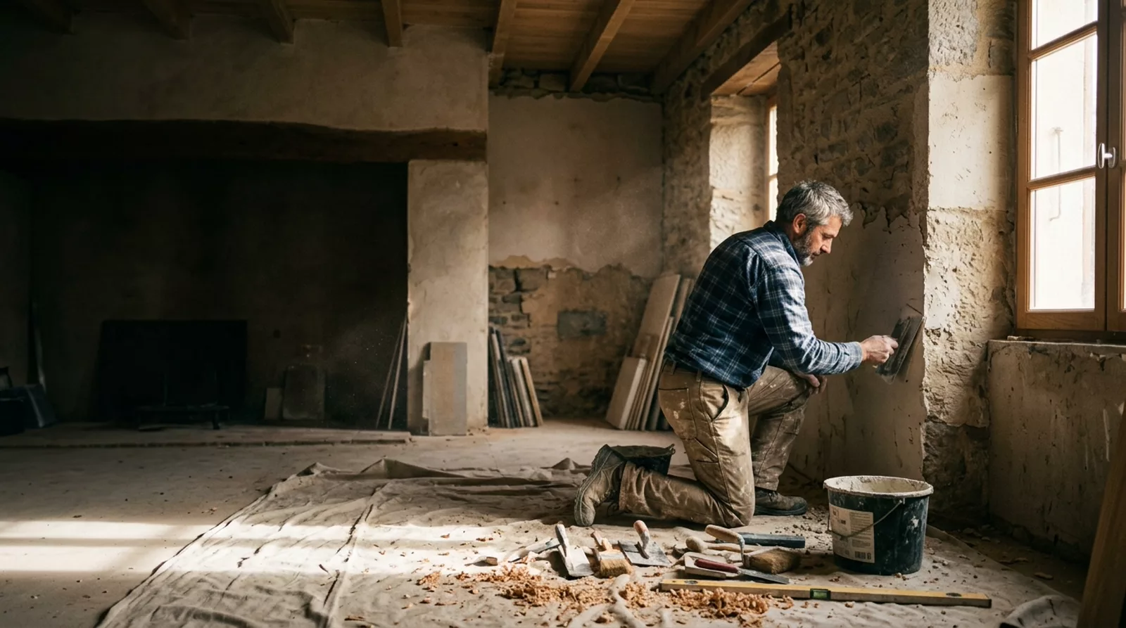 Un artisan rénove calmement une pièce, lumière du matin, outils posés au sol.