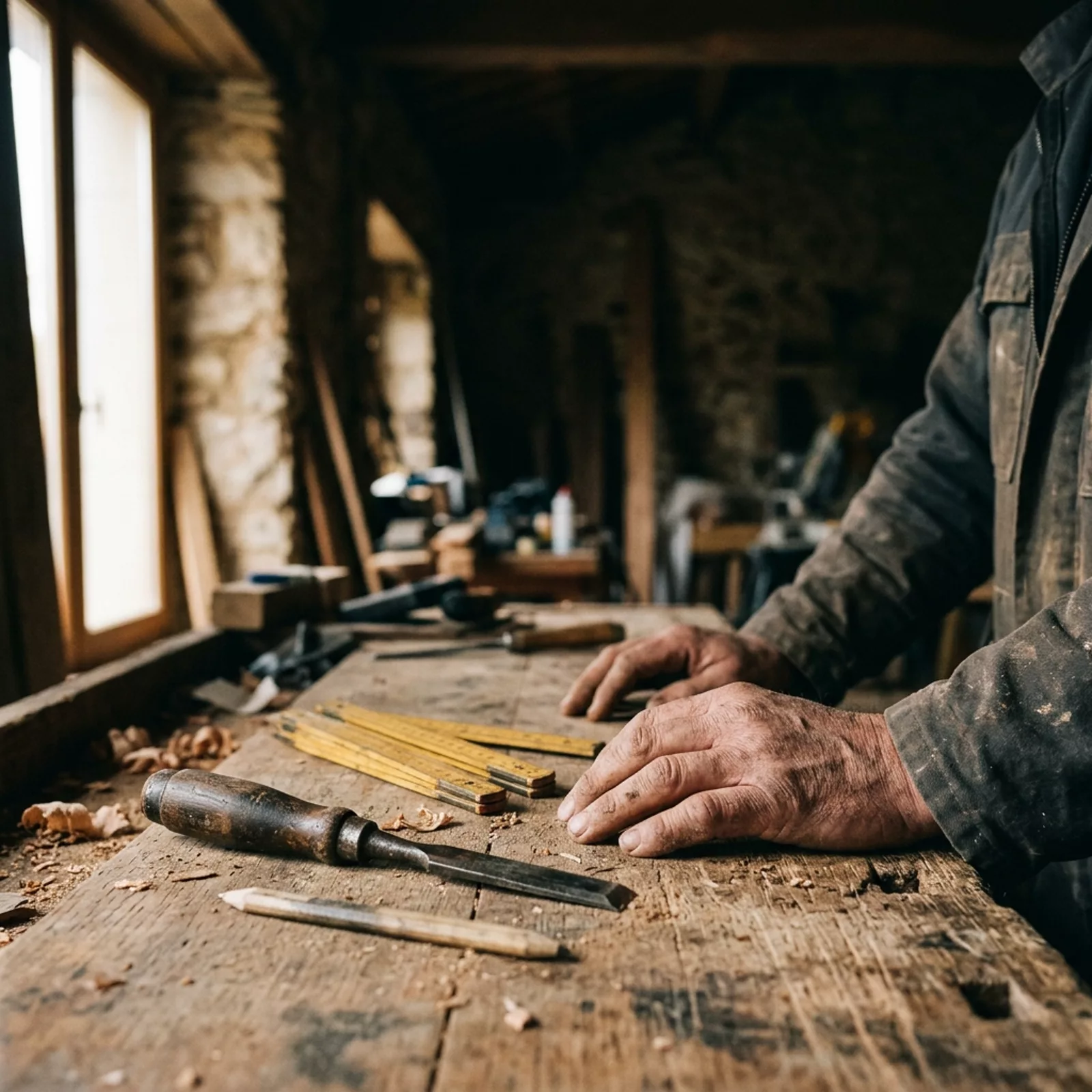 Mains d'un artisan posées sur son établi, à côté de ses outils.
