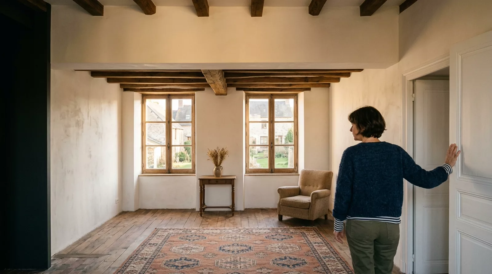 Un salon fraîchement rénové, lumière chaude de fin de journée, travaux terminés.